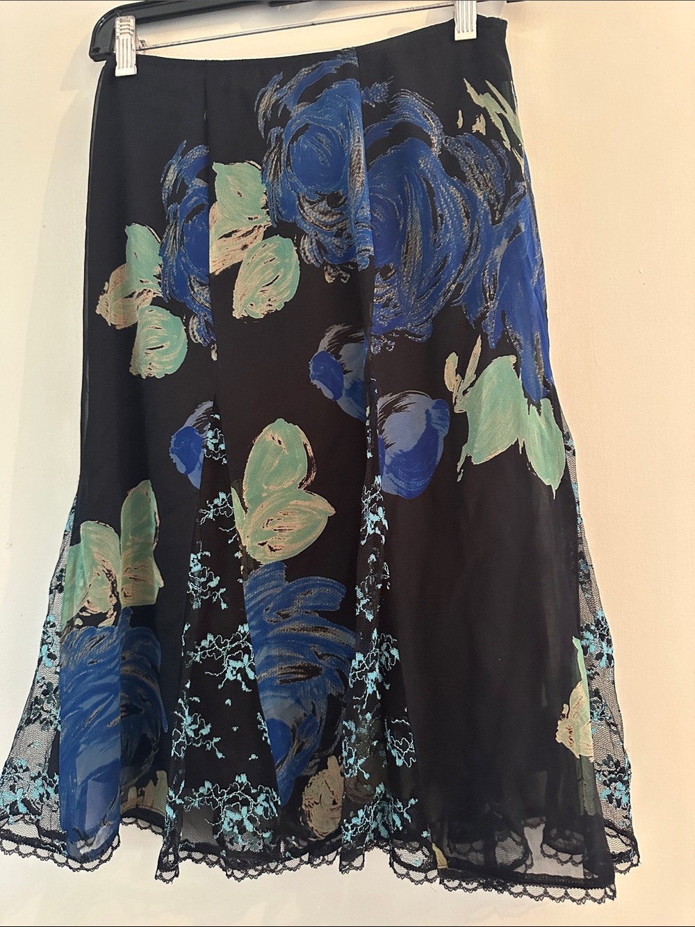 Betsey Johnson Black Floral A-Line Skirt with Blue and Mint Accents
